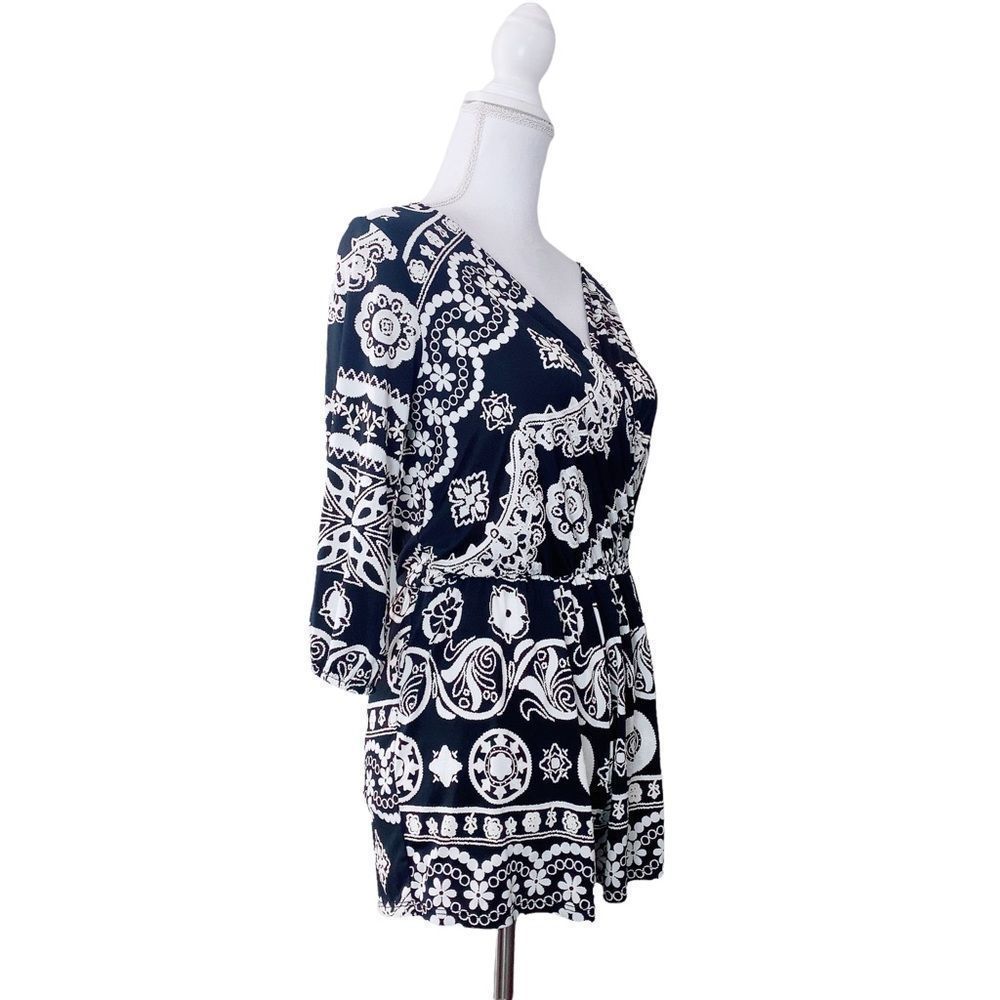 Sage Women's Small Floral Print 3/4 Sleeve Black White Romper Short Shorts - Picture 2 of 6